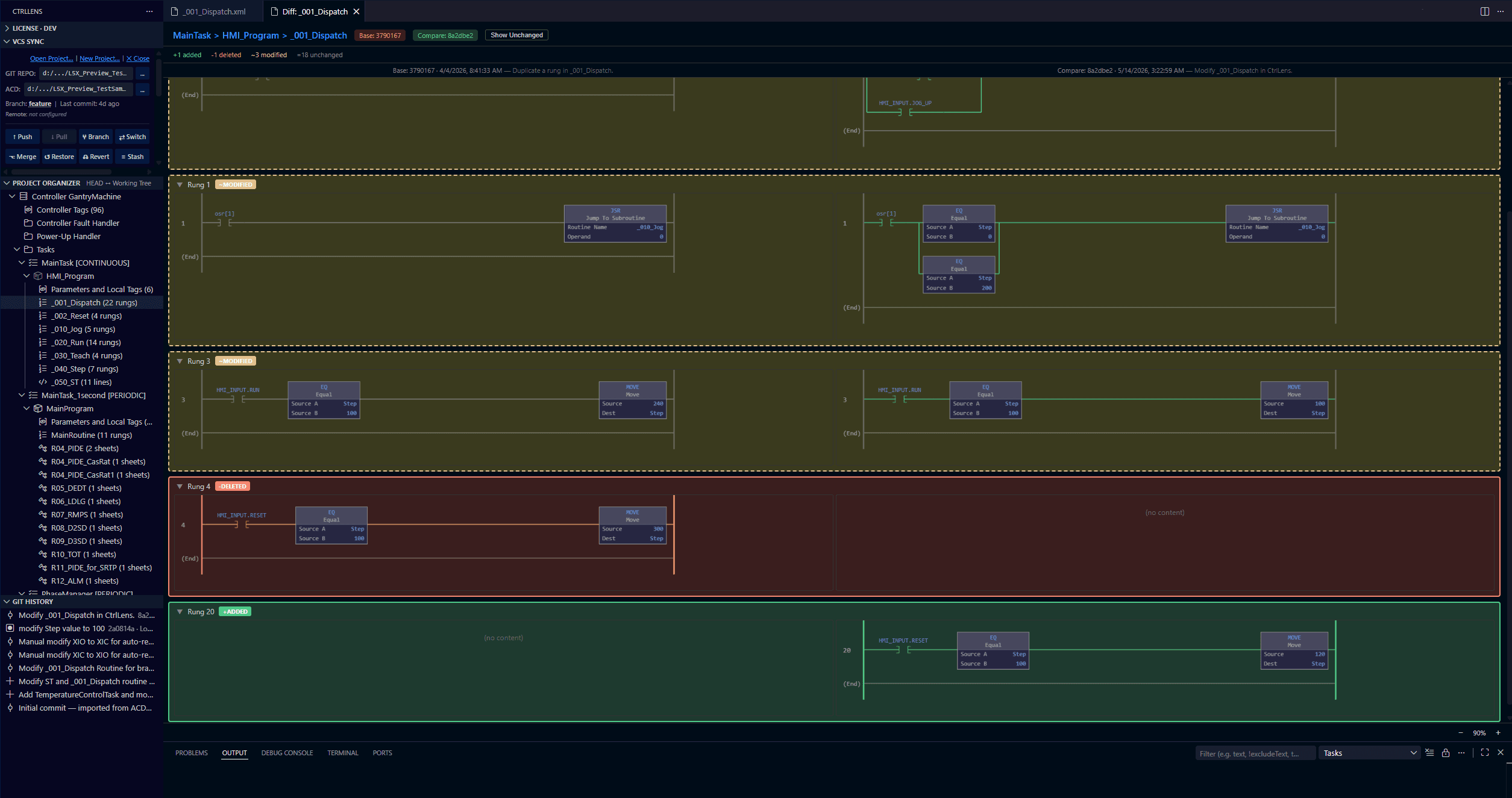 CtrlLens side-by-side visual diff of ladder logic — added rungs in green, deleted in red