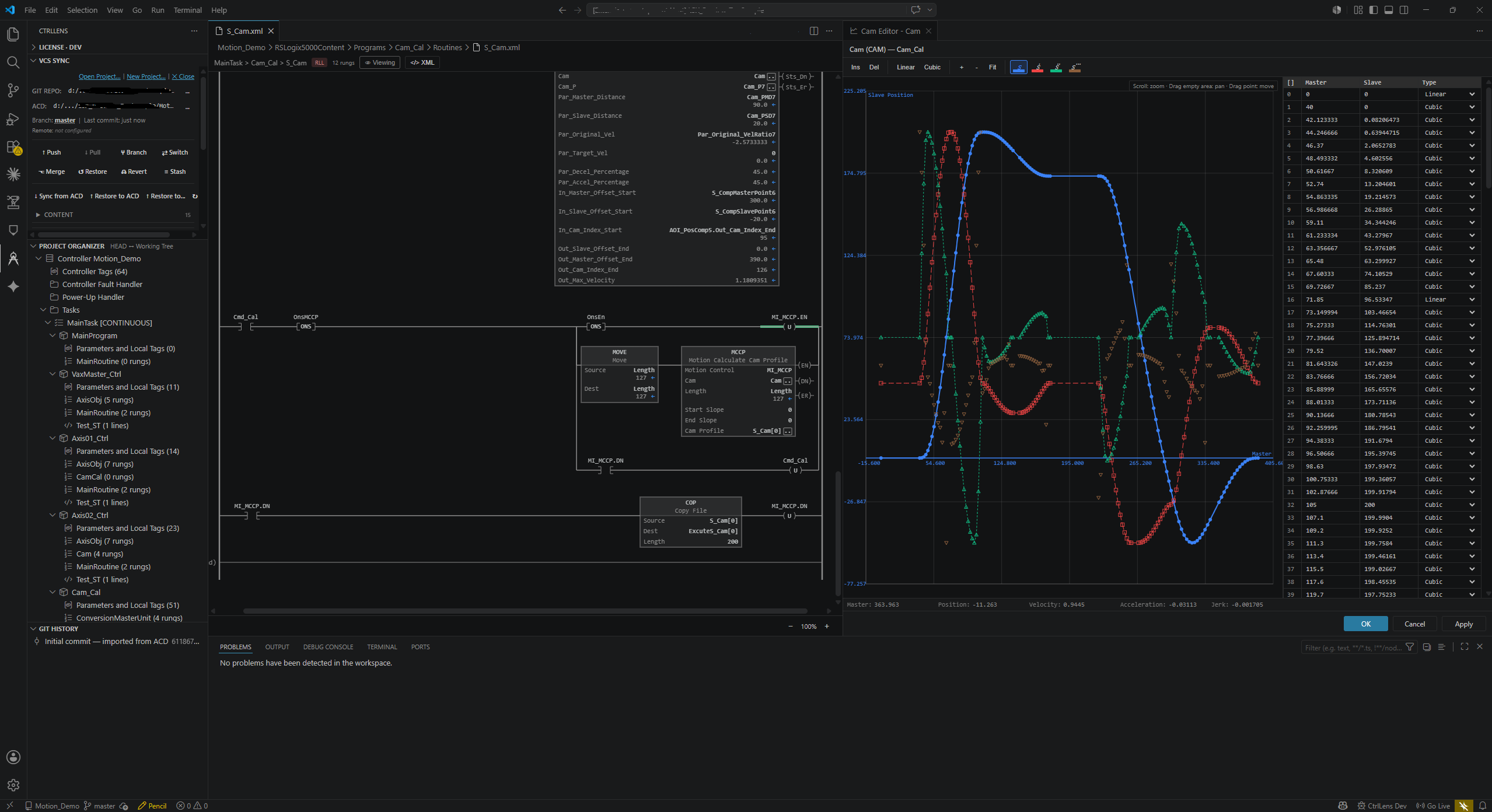 CtrlLens in VS Code — project tree, ladder canvas, and VCS Sync panel