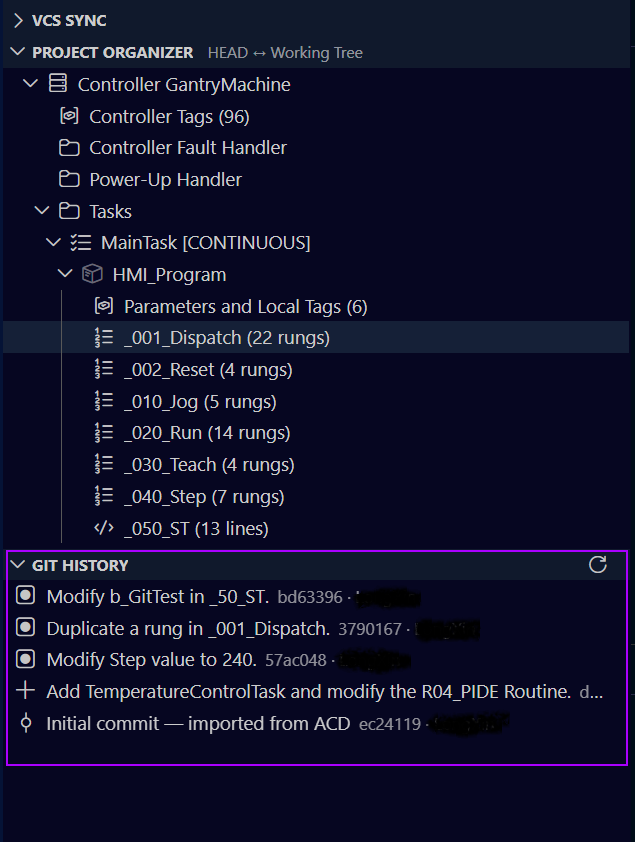 Sidebar — VCS Sync panel, Project Organizer tree, and Git History