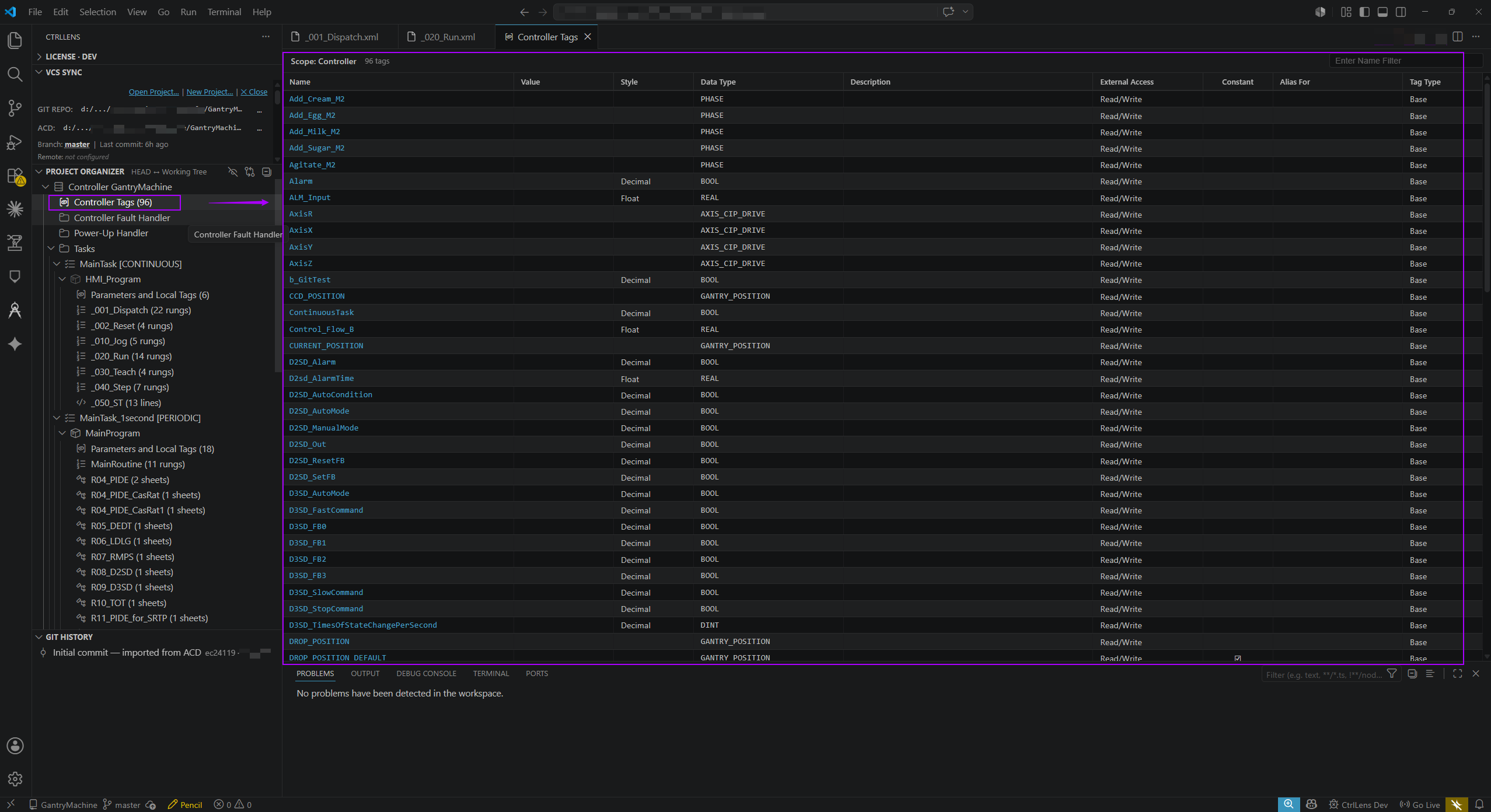 Tags table — filter box, resizable columns, Studio 5000-style layout
