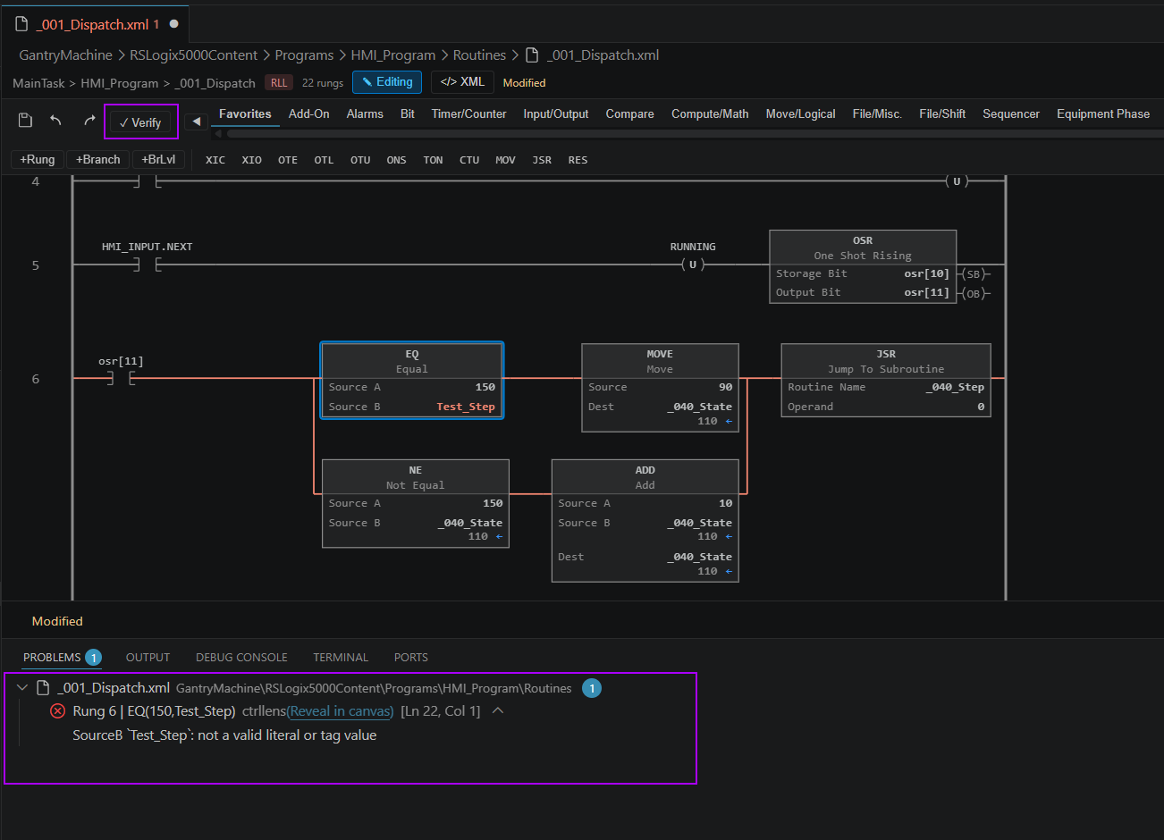 Problems panel diagnostics with Studio 5000-style live red highlight on the canvas