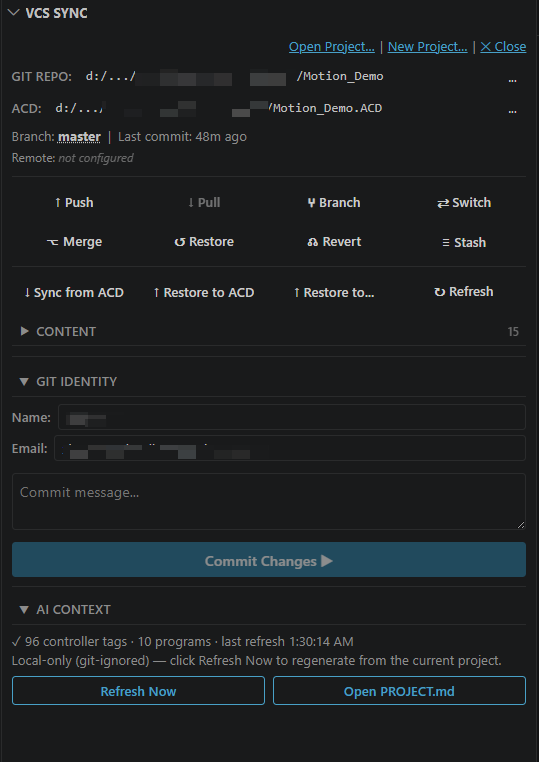 VCS Sync panel — config rows, Git operations, content table, and commit box